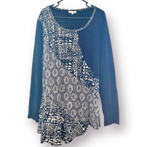 Adore XXL Black Gray Asymmetrical Hem Geometric Boho Tunic Top Long Sleeve - Picture 1 of 8